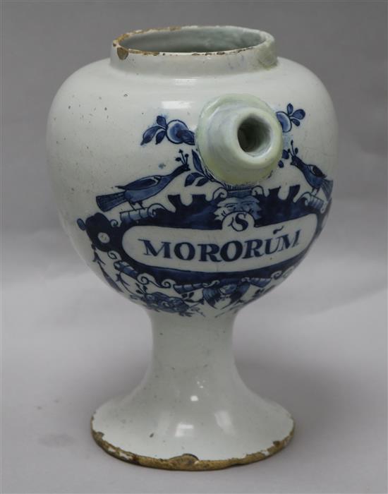 An English delftware blue and white wet drug jar, c.1690-1700, height 21.5cm, restorations